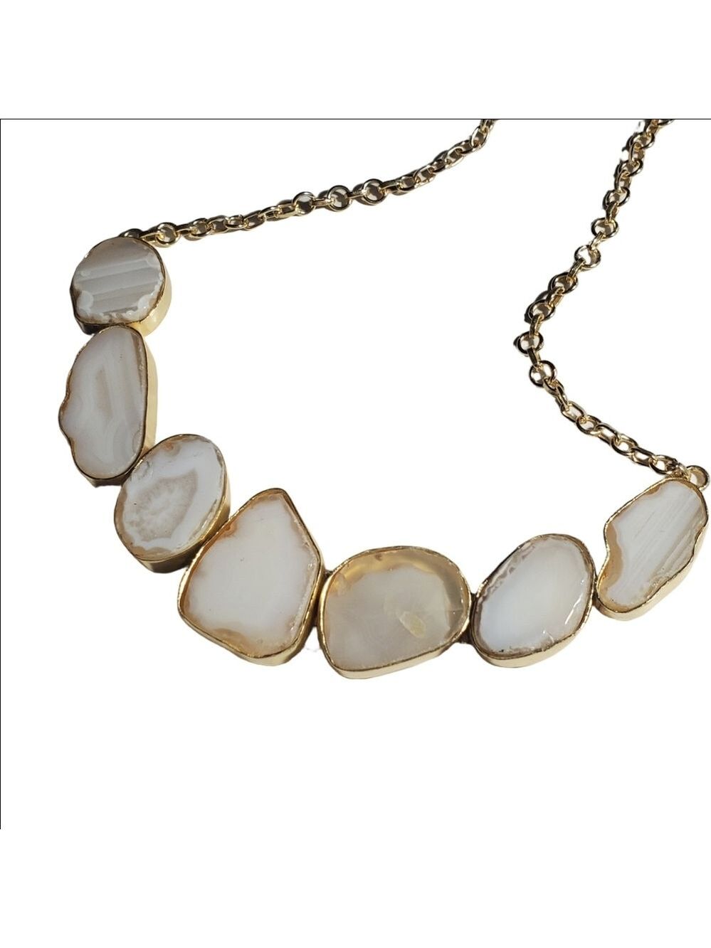 Semi Precious White Agate Set in Gold Necklace One-of-a-Kind New on Card